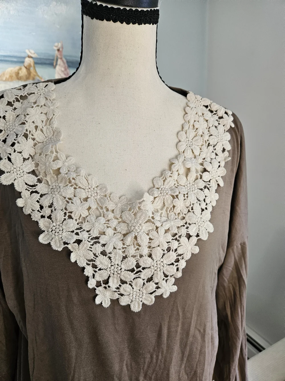 Taupe Long-Sleeve Top with Ivory Crochet V-Neck P40